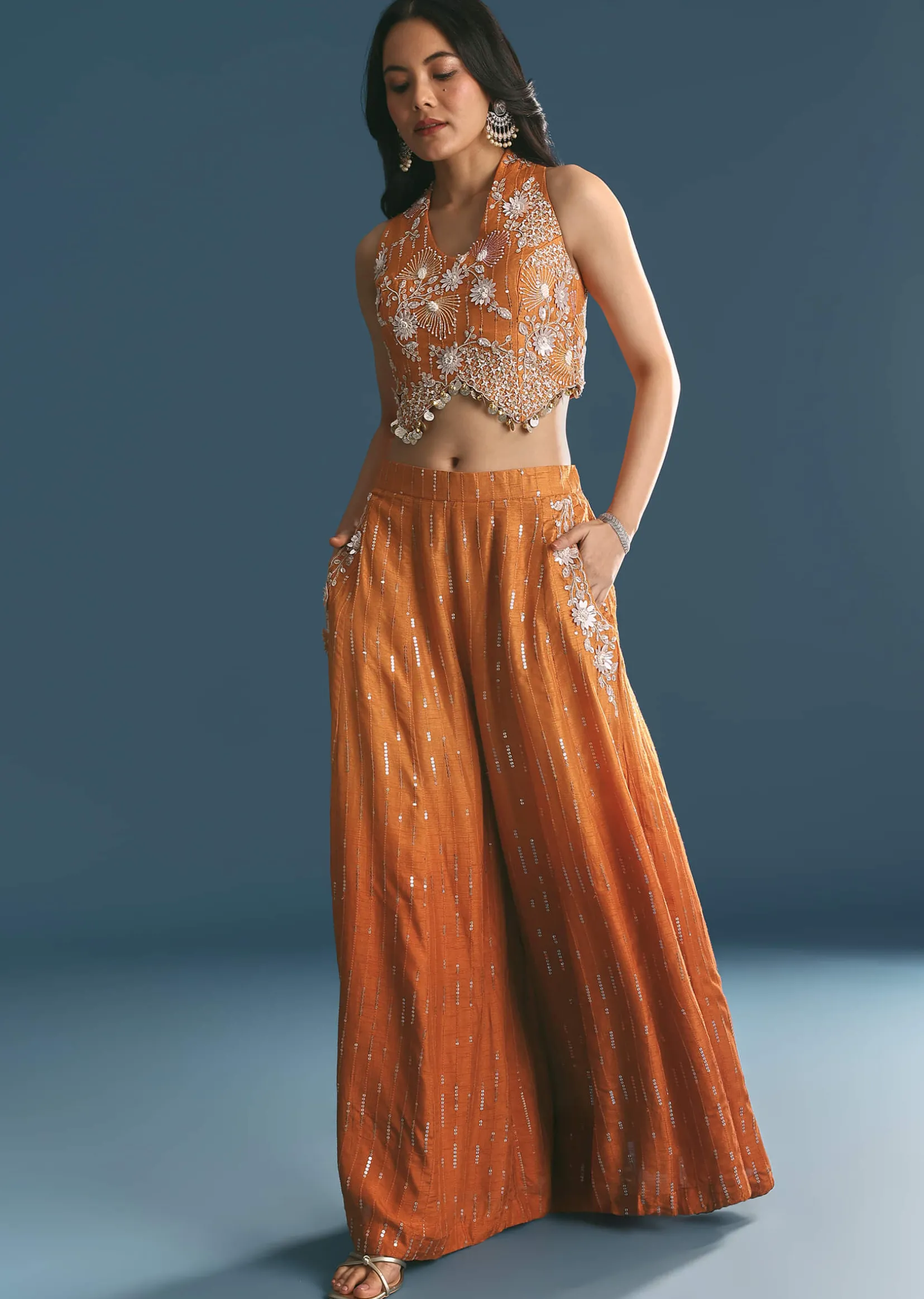 Orange Ombre Silk Palazzo Suit With Cutdana Croptop