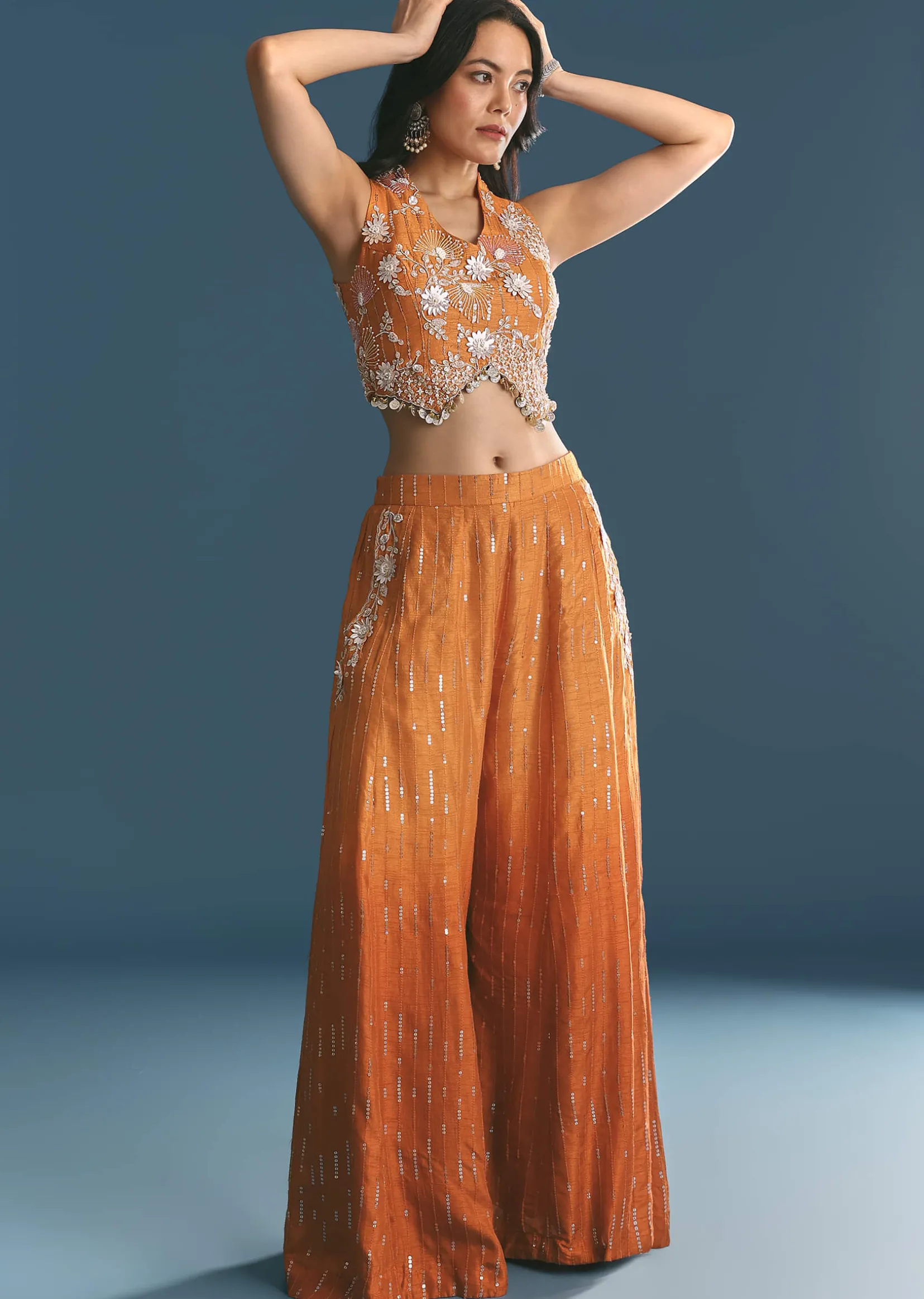 Orange Ombre Silk Palazzo Suit With Cutdana Croptop