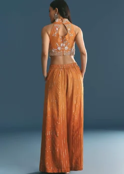 Orange Ombre Silk Palazzo Suit With Cutdana Croptop