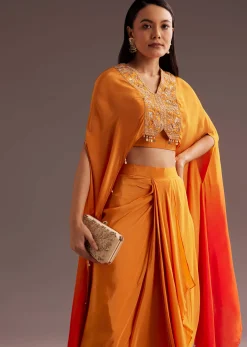 Orange Ombre Zardosi Moti Cape Skirt Set
