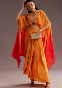 Orange Ombre Zardosi Moti Cape Skirt Set