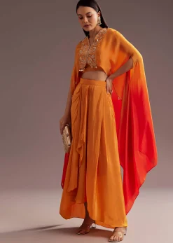 Orange Ombre Zardosi Moti Cape Skirt Set