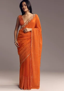 Orange Organza Saree With Zigzag Sequins And Cut Dana Embroidery