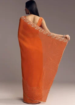 Orange Organza Saree With Zigzag Sequins And Cut Dana Embroidery