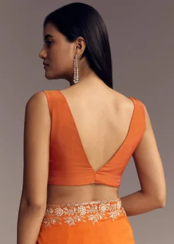 Orange Organza Saree With Zigzag Sequins And Cut Dana Embroidery