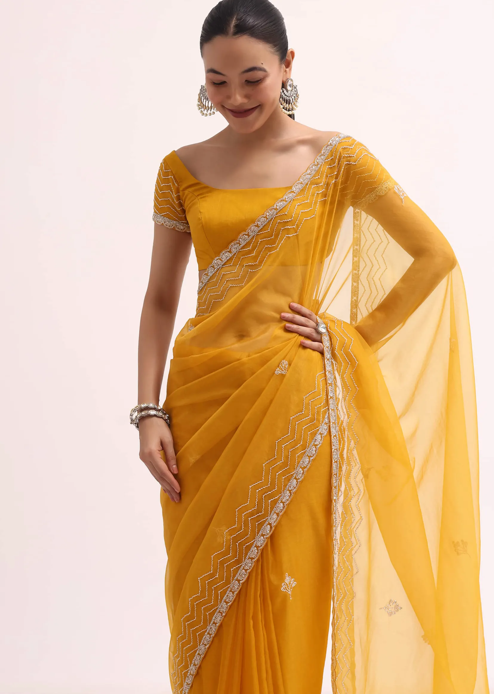 Orange Organza Saree With Unstitched Blouse