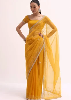 Orange Organza Saree With Unstitched Blouse