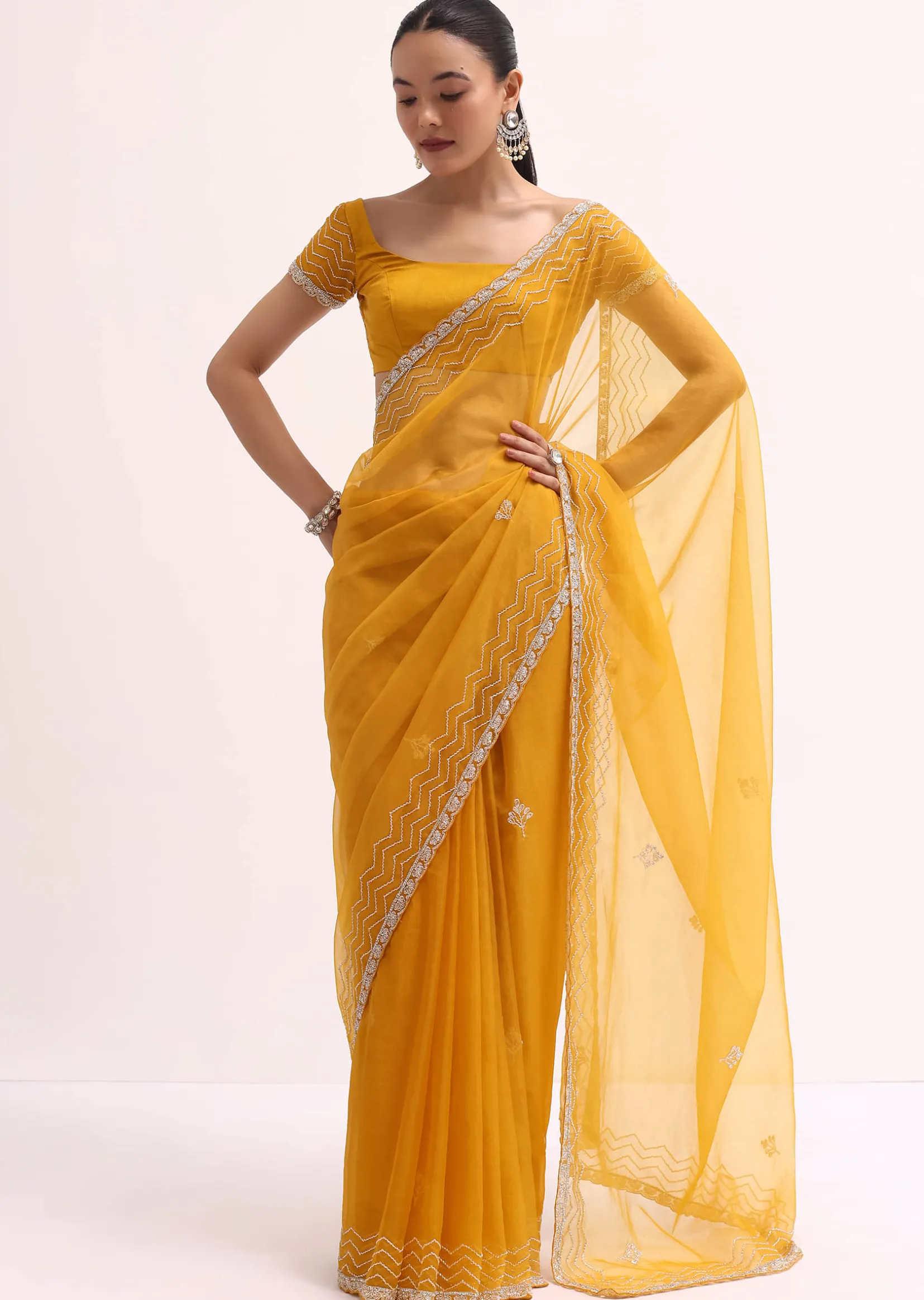 Orange Organza Saree With Unstitched Blouse