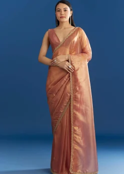 Orange Organza Tissue Saree With Sparkling Scallop Border