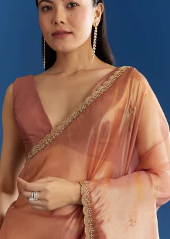Orange Organza Tissue Saree With Sparkling Scallop Border