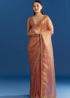 Orange Organza Tissue Saree With Sparkling Scallop Border