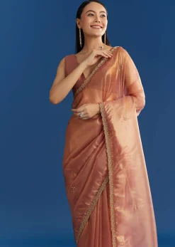 Orange Organza Tissue Saree With Sparkling Scallop Border