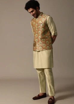 Orange Printed Jacquard Kurta Jacket Set For Men