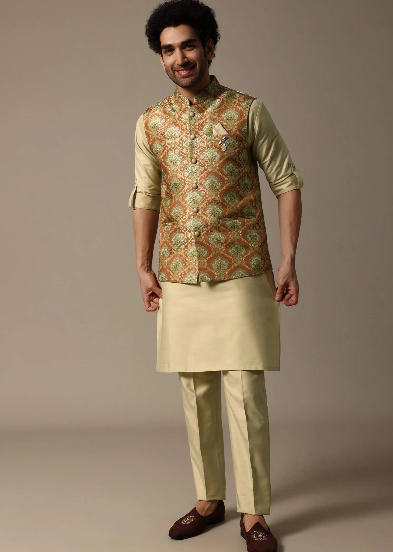 Orange Printed Jacquard Kurta Jacket Set For Men