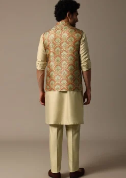 Orange Printed Jacquard Kurta Jacket Set For Men