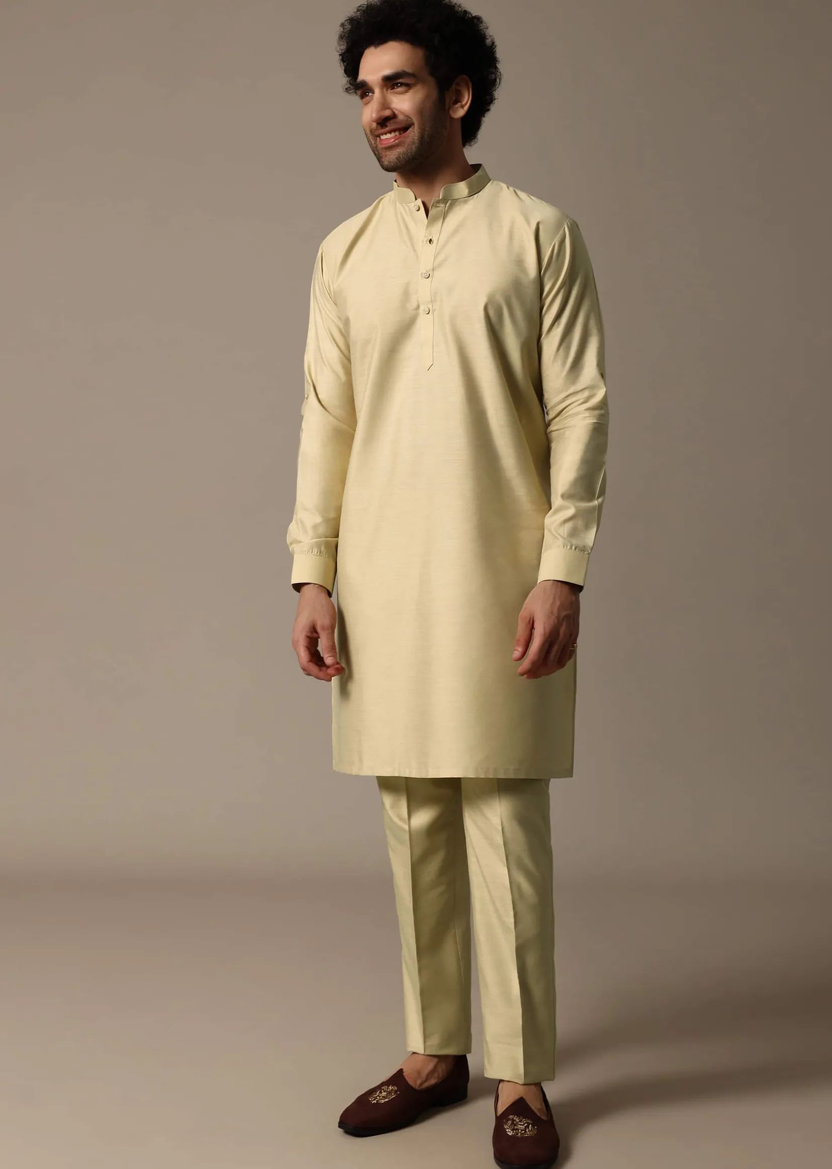 Orange Printed Jacquard Kurta Jacket Set For Men