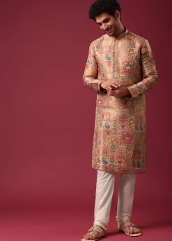 Orange Printed Kurta Set In Silk