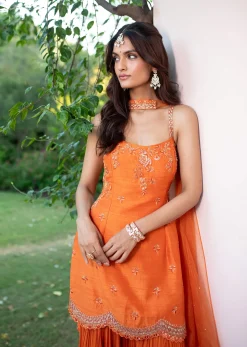 Orange Raw Silk Hand Work Kurti Sharara With Choker Dupatta