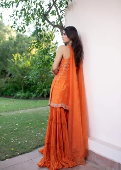 Orange Raw Silk Hand Work Kurti Sharara With Choker Dupatta