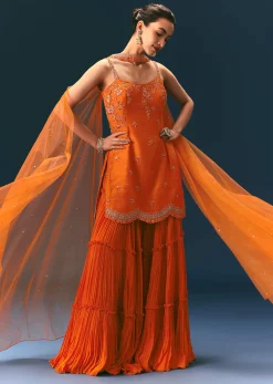 Orange Raw Silk Hand Work Kurti Sharara With Choker Dupatta