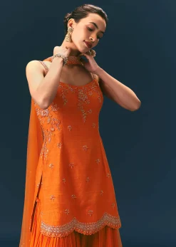 Orange Raw Silk Hand Work Kurti Sharara With Choker Dupatta