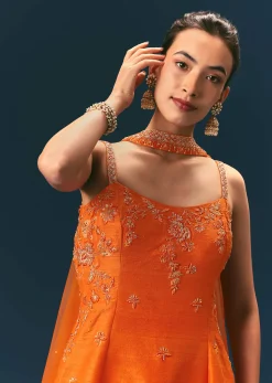 Orange Raw Silk Hand Work Kurti Sharara With Choker Dupatta