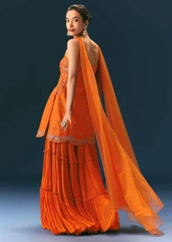 Orange Raw Silk Hand Work Kurti Sharara With Choker Dupatta