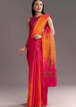 Orange Red Shaded Kora Silk Handloom Saree With Woven Motif