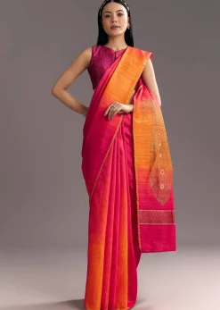Orange Red Shaded Kora Silk Handloom Saree With Woven Motif
