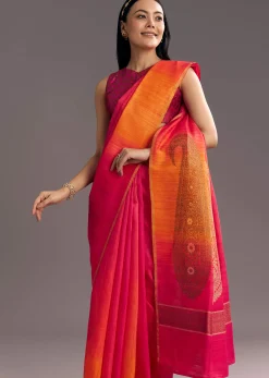 Orange Red Shaded Kora Silk Handloom Saree With Woven Motif