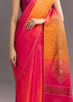 Orange Red Shaded Kora Silk Handloom Saree With Woven Motif