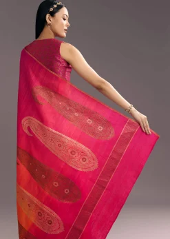 Orange Red Shaded Kora Silk Handloom Saree With Woven Motif