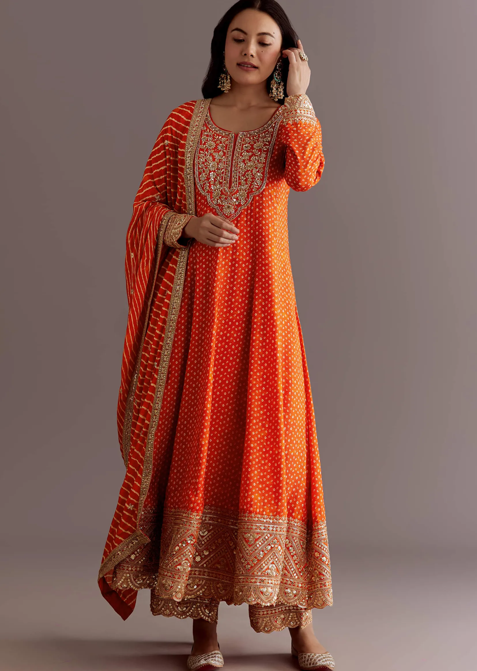 Orange Russian Silk Bandhani Anarkali Dupatta Suit
