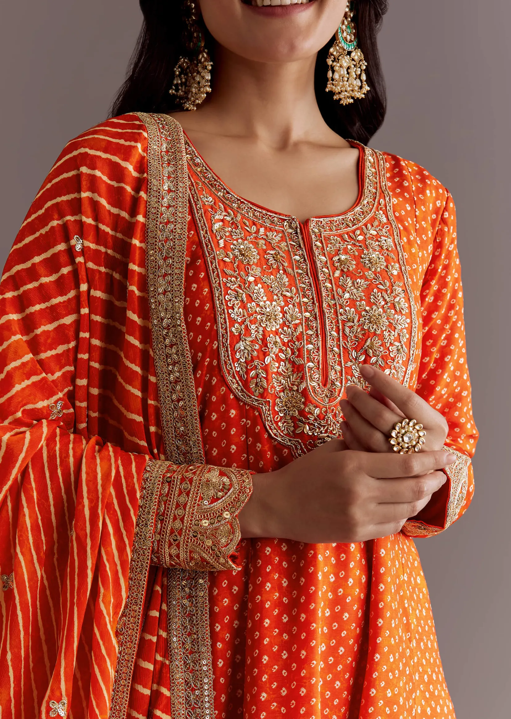 Orange Russian Silk Bandhani Anarkali Dupatta Suit