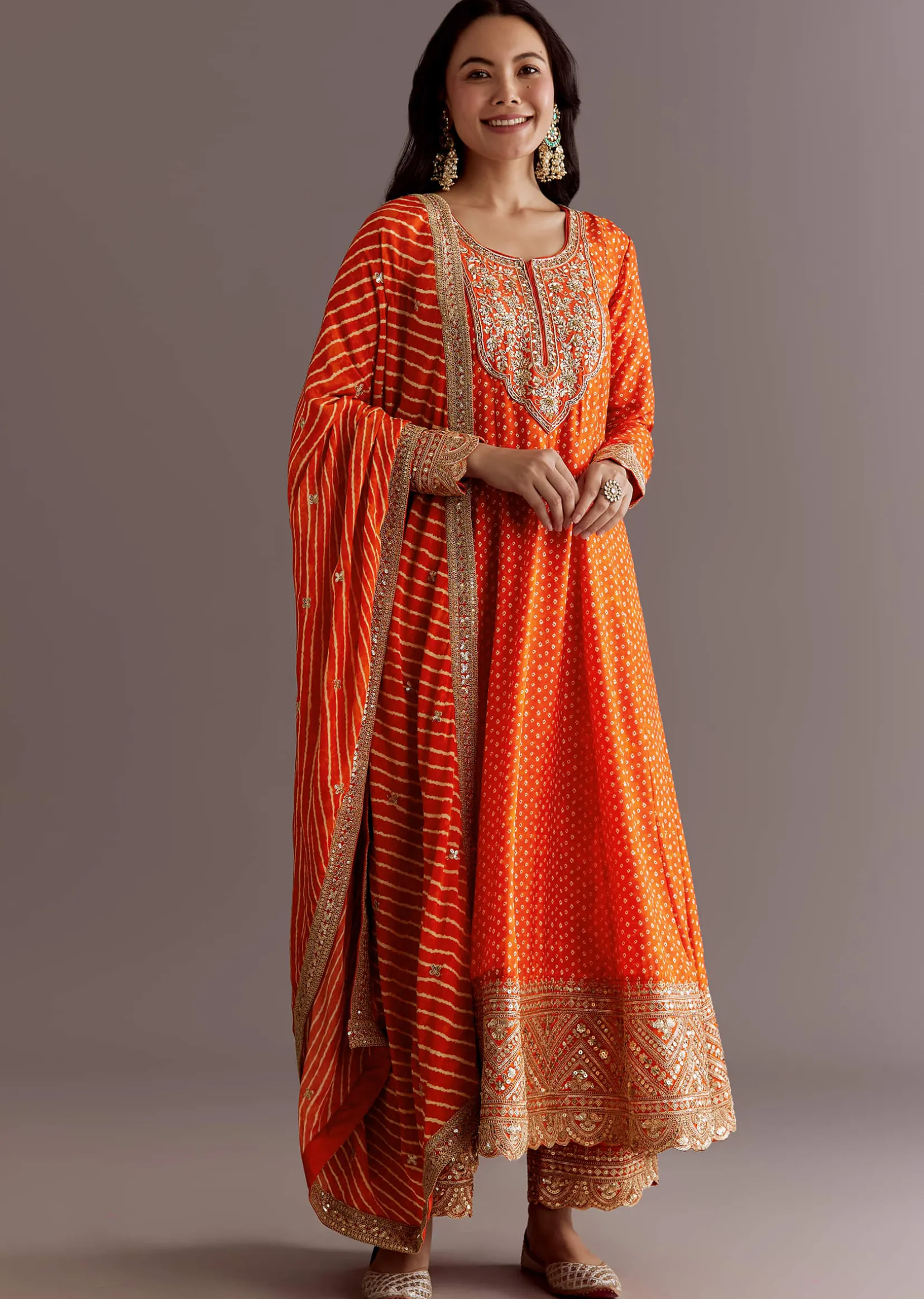 Orange Russian Silk Bandhani Anarkali Dupatta Suit