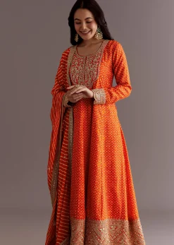 Orange Russian Silk Bandhani Anarkali Dupatta Suit