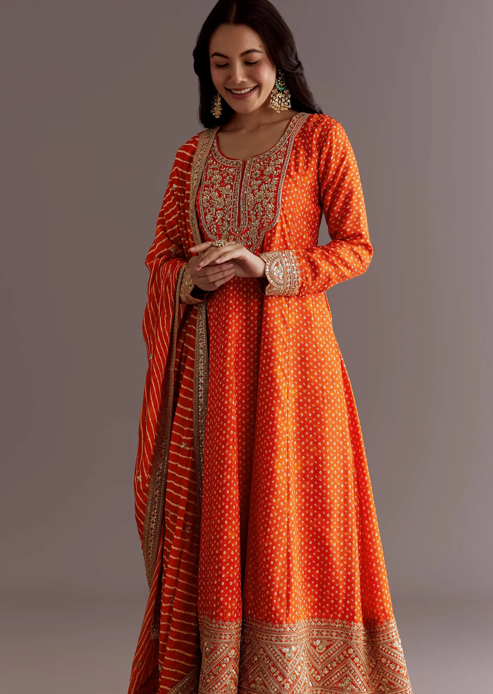 Orange Russian Silk Bandhani Anarkali Dupatta Suit