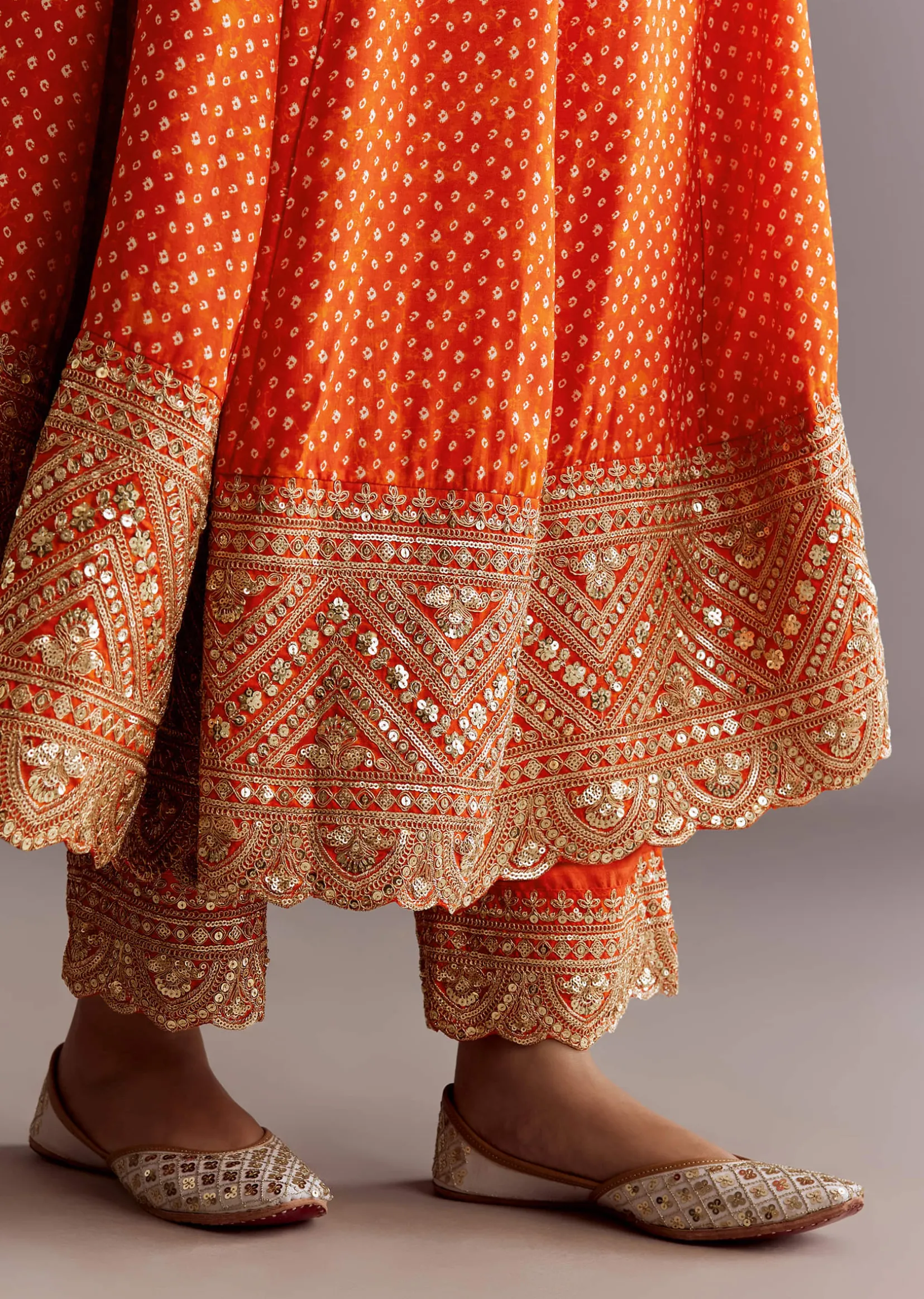 Orange Russian Silk Bandhani Anarkali Dupatta Suit