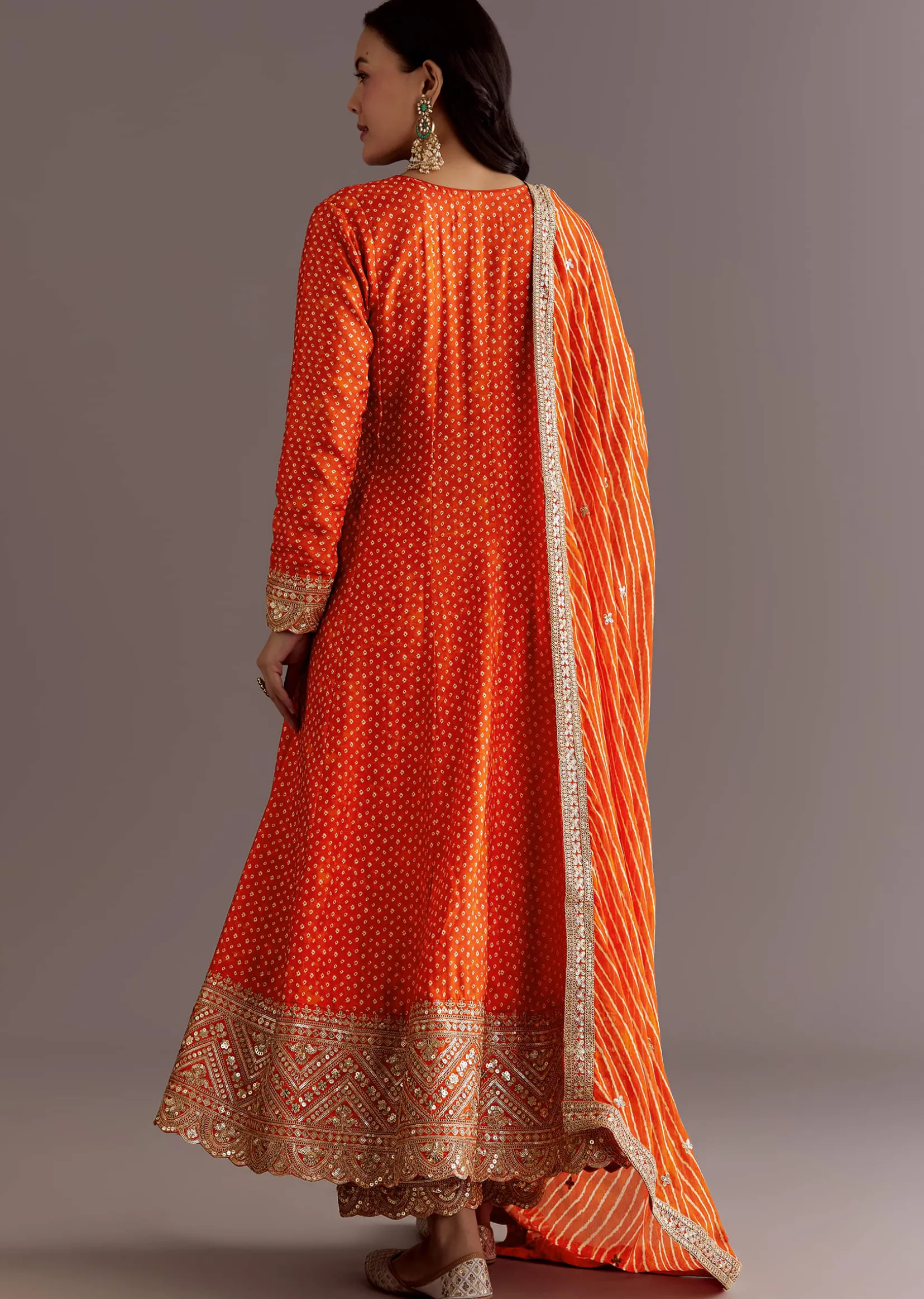 Orange Russian Silk Bandhani Anarkali Dupatta Suit