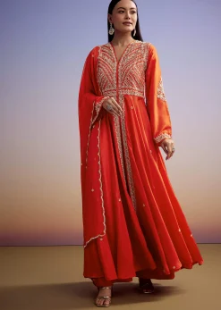 Orange Russian Silk Palazzo Suit With Cut Dana And Sequins Work