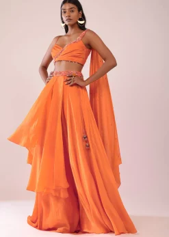 Orange Satin Organza Drape Lehenga And Blouse Set With Attached Pallu