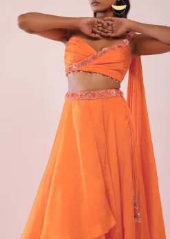 Orange Satin Organza Drape Lehenga And Blouse Set With Attached Pallu