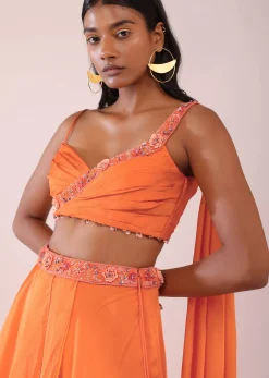 Orange Satin Organza Drape Lehenga And Blouse Set With Attached Pallu
