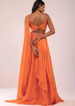 Orange Satin Organza Drape Lehenga And Blouse Set With Attached Pallu