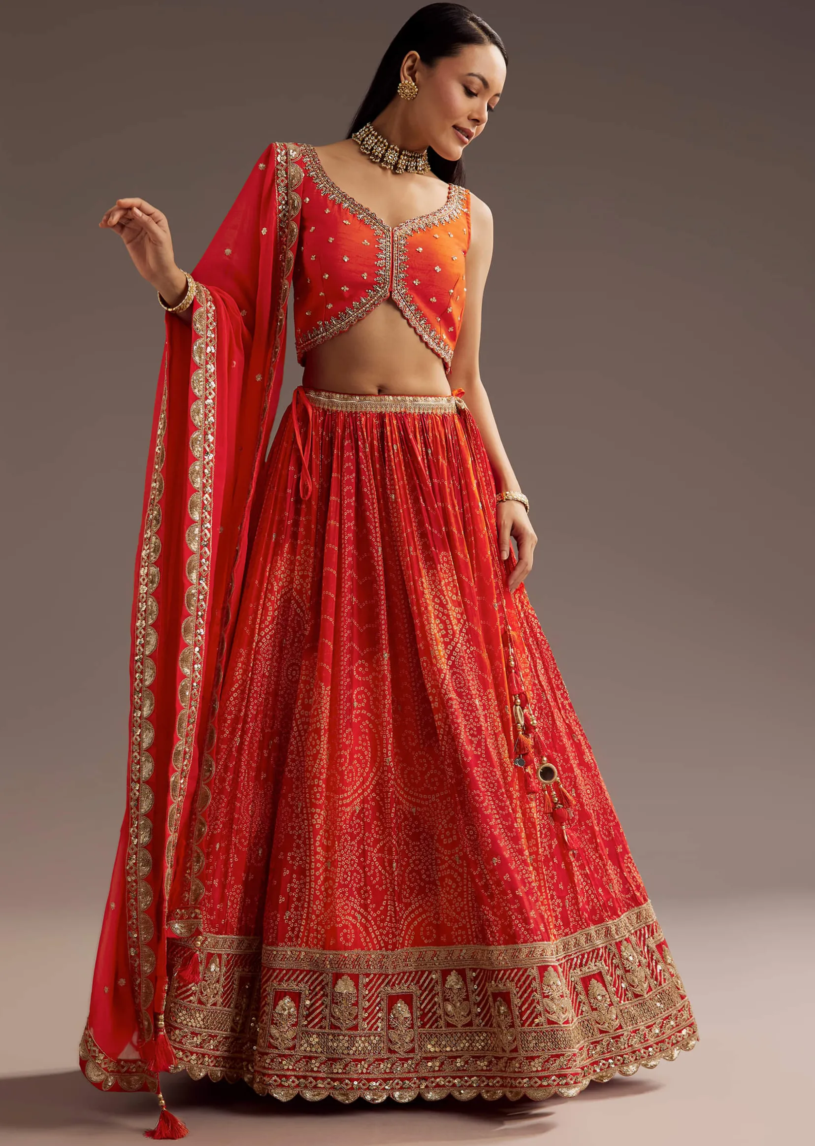 Orange Sequins Bandhani Lehenga Dupatta Set