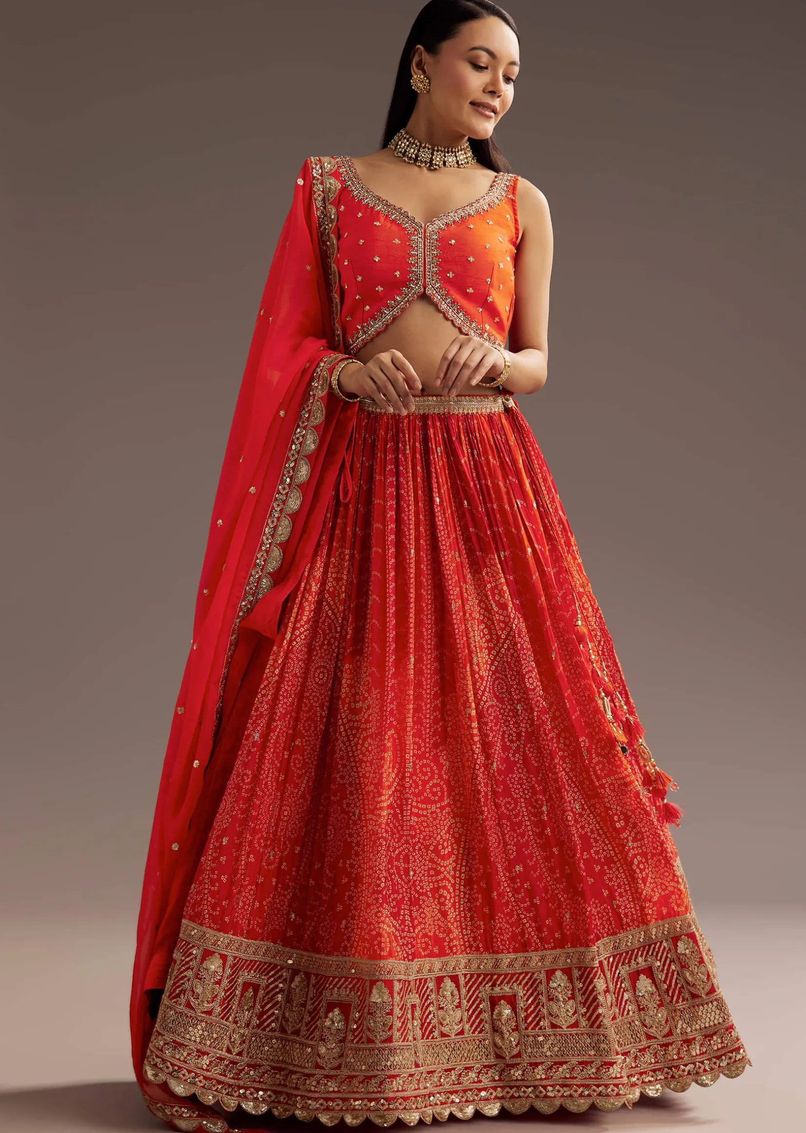 Orange Sequins Bandhani Lehenga Dupatta Set