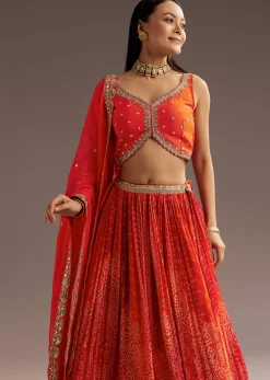 Orange Sequins Bandhani Lehenga Dupatta Set