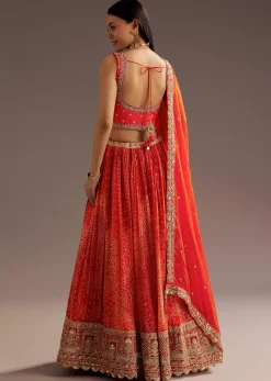 Orange Sequins Bandhani Lehenga Dupatta Set