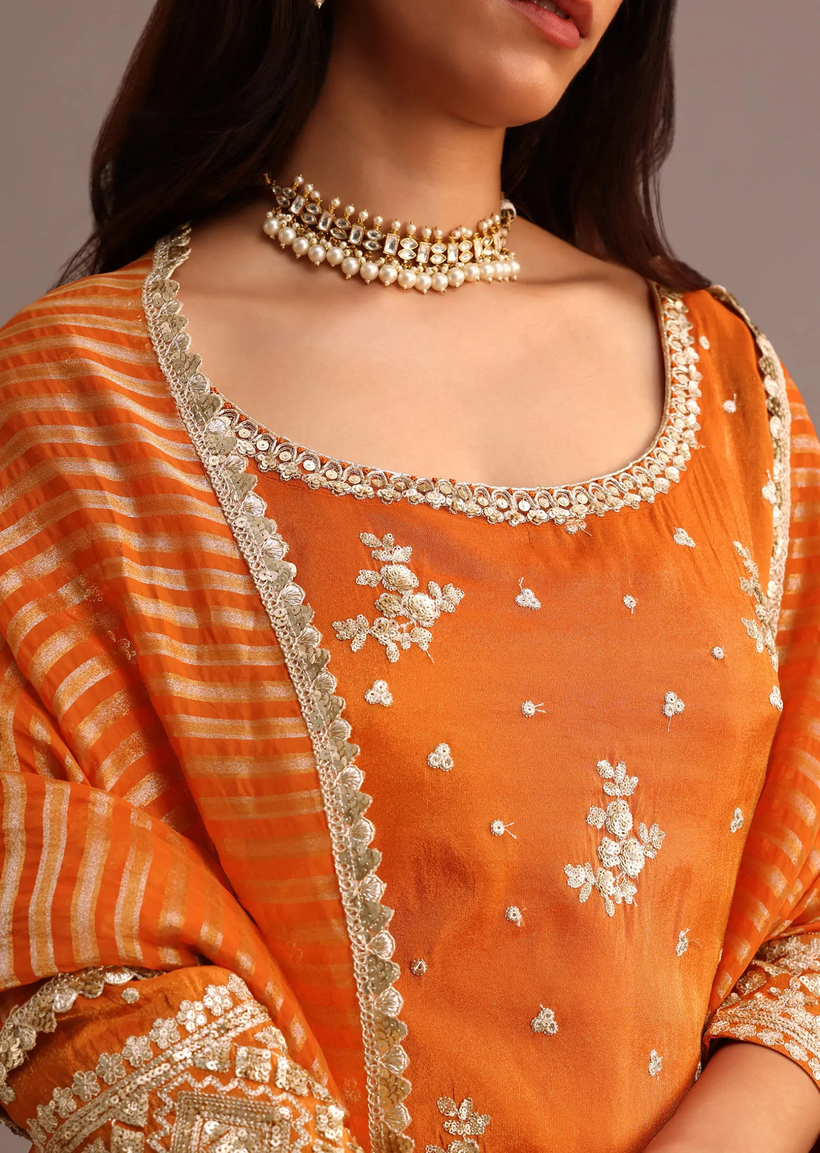 Orange Sequins Kurti Sharara Set With Chanderi Banarasi Dupatta