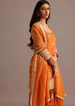 Orange Sequins Kurti Sharara Set With Chanderi Banarasi Dupatta